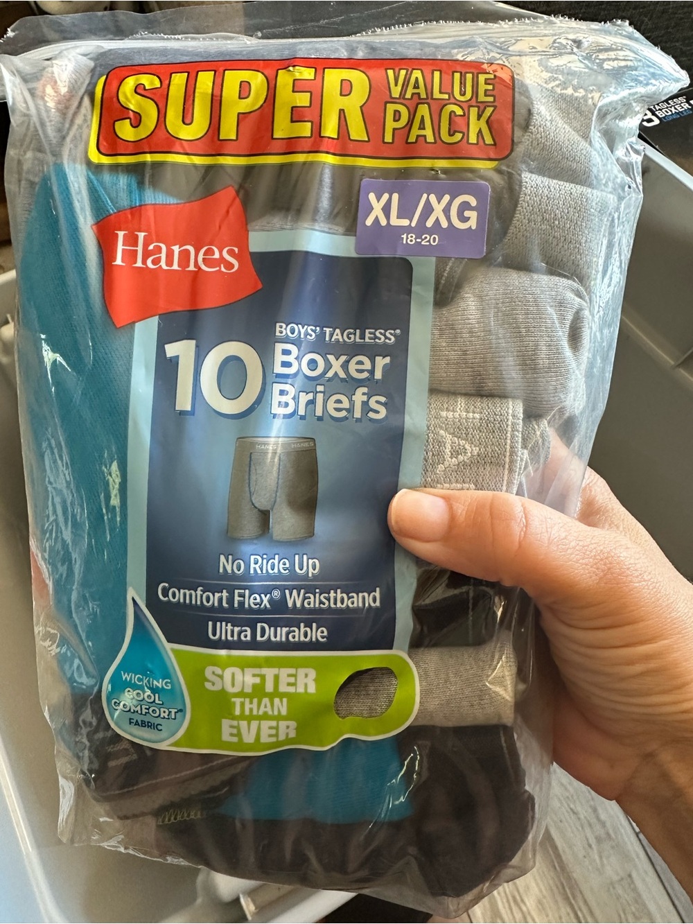 Hanes Boys' Tagless Boxer Briefs 10-Pack - Gray, Black, Teal -XL